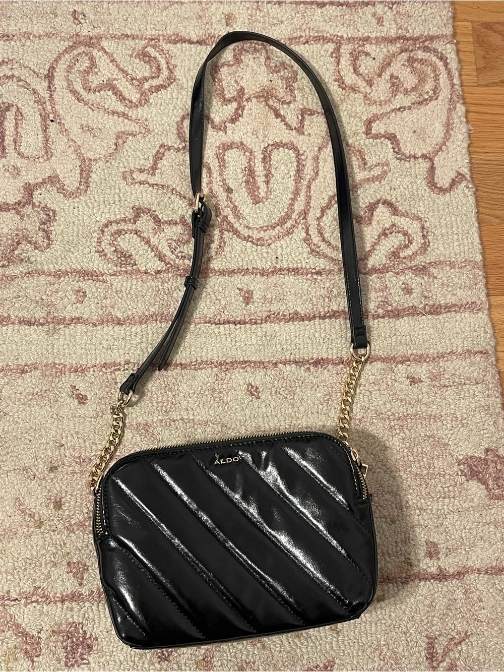 ALDO Black Quilted Patent Crossbody with Gold Chain